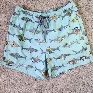SAXX Shorts Mens M Blue Oh Buoy 2N1 Volley 5 Shark Print Swim Quick Dry Lined